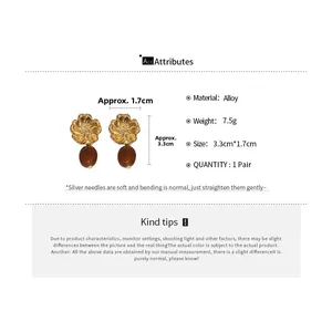 Detailed view of floral alloy earrings with size 3.3cm by 1.7cm and weight 7.5g