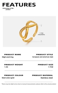 Detail view of gold infinity stainless steel ring with size and material specifications
