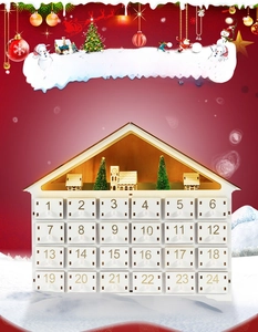 Detailed close-up of 24-day countdown wooden advent calendar drawers and miniature scene