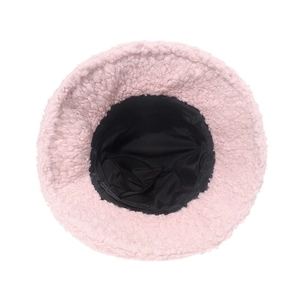 Detail of pink fleece bucket hat featuring black fabric lining and adjustable inner drawstring