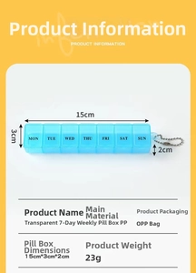 Detail view of transparent 7-day pill box dimensions 15x3x2cm with weekday labels