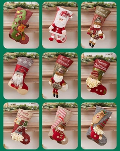 Detailed grid showing nine festive Christmas stockings with 3D embroidery and plush textures