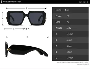 Detailed size chart and specifications for Baroque style square frame retro sunglasses