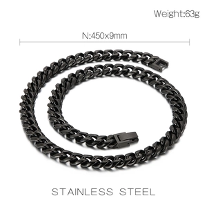 Detail of 9mm black stainless steel Cuban link chain necklace with secure box clasp