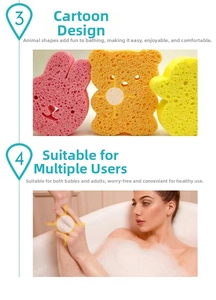 Detail showing porous texture of animal-shaped wood pulp bath sponges for babies