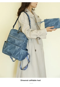 Detailed view of blue denim texture backpack with patterned strap and matching pouch