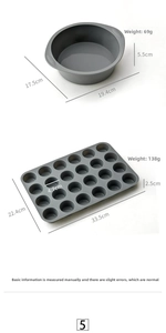 Detailed size guide for grey silicone cake mold and 24-cup mini muffin baking pan set