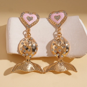 Pink heart drip oil and rhinestone fish earrings in gold finish for women