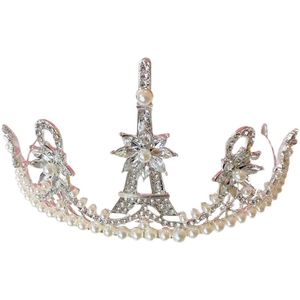 Sparkling Eiffel Tower princess crown with white pearls and crystals for girls