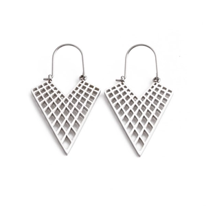 Pair of silver V-shaped earrings with hollow mesh pattern on white background
