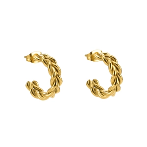 Fashionable gold chunky double-layered braided twist hoop earrings in stainless steel
