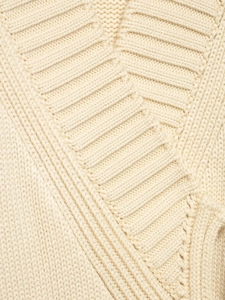 Close-up of the ribbed neckline and chunky knit texture on this cream white sweater