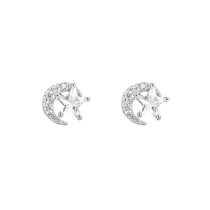 Sparkling S925 sterling silver moon and star stud earrings with cubic zirconia stones