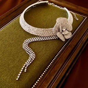 Luxury Camellia Flower Tassel Choker Necklace Alloy Rhinestone Sparkling Statement Jewelry For Women Wedding Party