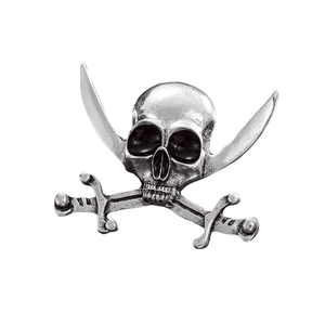 Detailed view of vintage silver pirate skull brooch with crossed swords and cutlasses