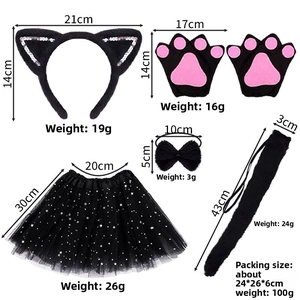 Set costume da gatta nera 5 pezzi con orecchie glitterate, guanti, tutù e coda lunga