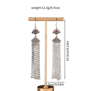 Silver tassel earrings with red bead and size markings of 10.5cm long and 1.6cm wide