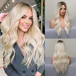 Long Wavy Wig Synthetic Heat Resistant Fiber Middle Parted Ombre Gradient Natural Style For Women