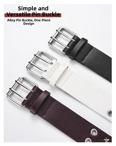 Three colors of double grommet PU leather belts featuring durable alloy pin buckles