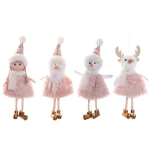 Pink and white plush Christmas ornaments set featuring Santa, snowman, elk and girl dolls