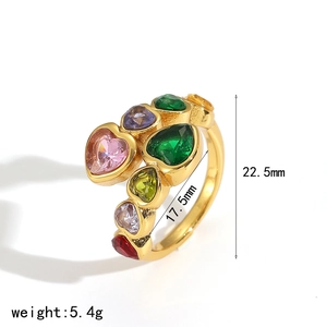Colorful gemstone open ring in 18K gold finish with heart and teardrop stones