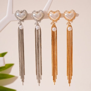 Heart Faux Artificial Pearl Long Tassel Dangle Earrings Copper Zircon Elegant Sweet Jewelry For Women With Silver Earring Post