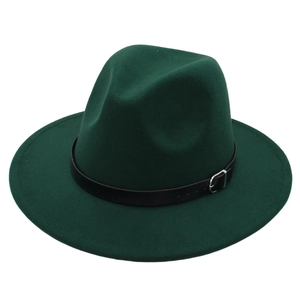 Close-up of a dark green wool felt fedora hat featuring a black leather band and metal buckle