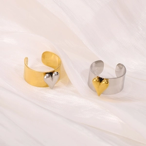 Minimalist stainless steel open ring with two-tone gold and silver heart designs