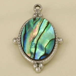 Detail of oval 304 stainless steel pendant with rainbow abalone shell and beaded edge
