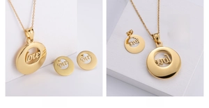 Detail of vacuum gold-plated necklace and earrings set with hollow LOVE design