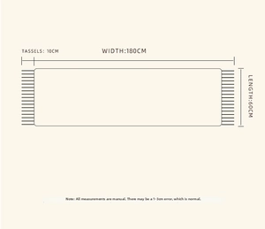 Size chart showing width 180cm and length 60cm for the thick plaid tassel scarf