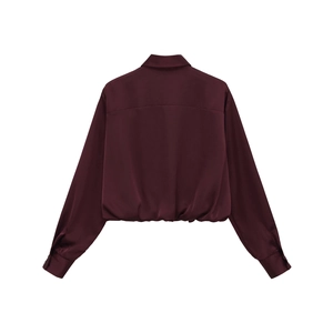 Deep wine red satin crop shirt for women featuring a stylish back view and cinched waist