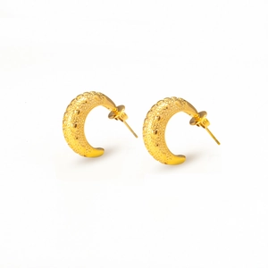 Golden semicircular hoop earrings with textured diamond mesh pattern in stainless steel