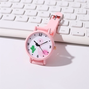 Pink kids quartz watch with flamingo and cactus pattern on dial with silicone strap