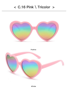 Close-up of pink heart-shaped sunglasses with tricolor gradient lenses from two angles