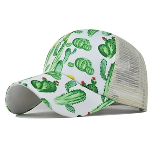 Women's trucker hat with cactus print, criss-cross ponytail hole and mesh back