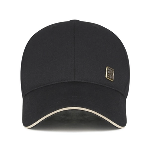 Classic black twill cotton baseball cap with gold metal plate and contrast brim piping