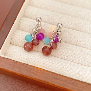 Multi Color Cat Eye Stone Cluster Dangle Earrings With Silver Earring Post Fashion Jewelry For Women Chic Style