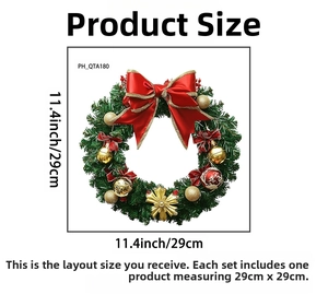Detail of Christmas wreath with red bow and gold ornaments, 29cm diameter dimension