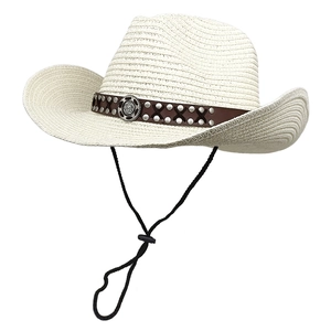 White straw western cowboy hat with brown leather band and silver studs for sun protection