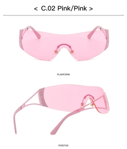 Y2K futuristic shield sunglasses for women, trendy pink rimless fashion sunglasses.