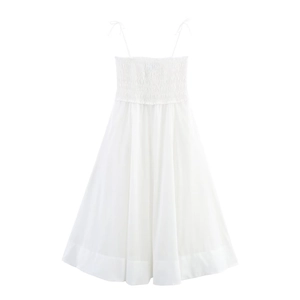 White spaghetti strap midi dress with a smocked bodice and flowing tiered skirt