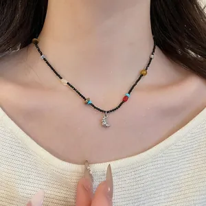 Boho natural stone beaded necklace with silver crescent moon pendant for women