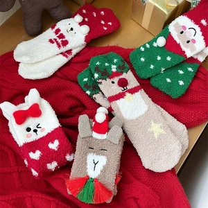 Thick coral fleece Christmas socks set with festive cartoon patterns and non-slip grip