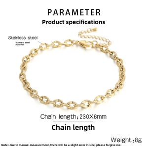 Detailed technical diagram of 18K gold plated stainless steel anklet with 230x6mm size