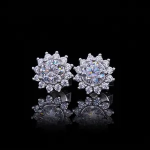 925 Sterling Silver Moissanite Sunflower Stud Earrings Round Cut Halo Cluster Jewelry For Women Anniversary Wedding Gift