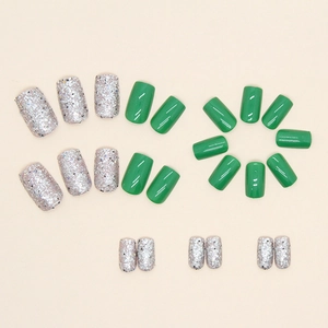 Faux ongles carrés vert foncé avec paillettes argentées, ensemble de 24 pièces chic