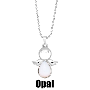 Elegant angel pendant necklace featuring white opal drop and silver beaded chain