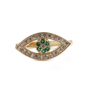 Türkischer Evil Eye Ring in Gold mit grünen und weißen Mikroeinlege-Edelsteinen