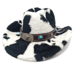 Detail of western cow print felt hat featuring bull head metal buckle and turquoise band